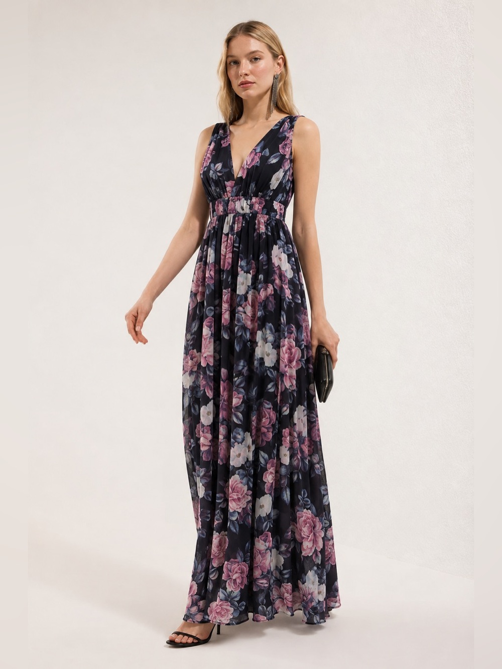 NWOT Windsor Floral V-Neck Maxi Dress in Navy and Pink Prom Wedding Formal